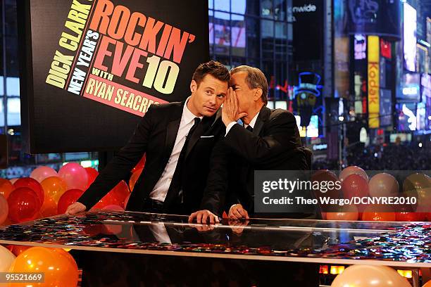 Hosts Ryan Seacrest and Dick Clark celebrate the new year during Dick Clark's New Year's Rockin' Eve With Ryan Seacrest 2010 in Times Square on...