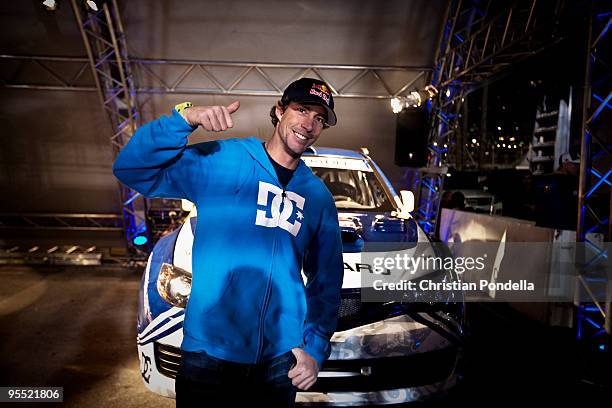 Travis Pastrana poses as he prepares to set a new world record jump distance for a rally car on December 31, 2009 in Long Beach, California. Pastrana...