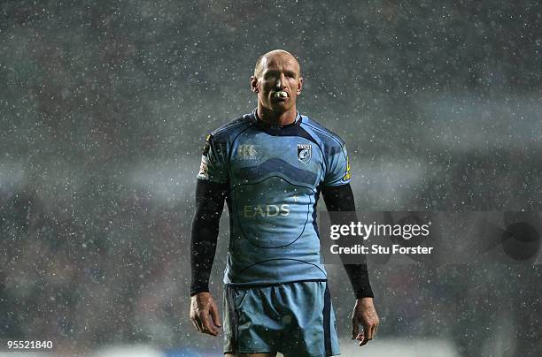 Blues replacement Gareth Thomas looks on during the Magners League match between Ospreys and Cardiff Blues at the Liberty Stadium on January 1, 2010...