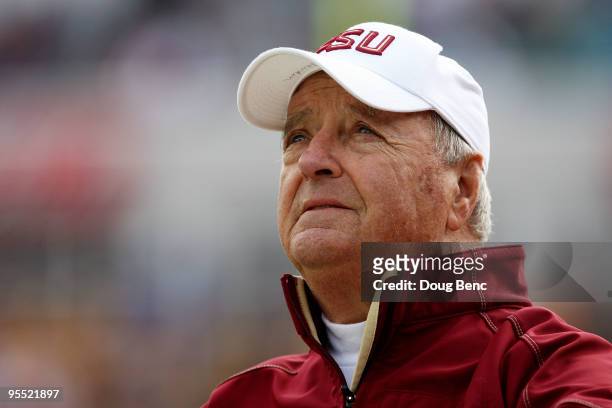 Head coach Bobby Bowden of the Florida State Seminoles watches his team take on the West Virginia Mountaineers during the Konica Minolta Gator Bowl...