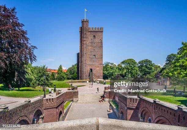 the kärnan medieval tower is the most prominent landmark of the coastal city of helsingborg, scania, sweden - helsingborg if stock pictures, royalty-free photos & images