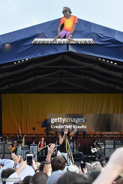 Brad Whitford, Tom Hamilton, Joey Kramer, Steven Tyler and Joe Perry of Aerosmith perform onstage during Day 6 of the 2018 New Orleans Jazz &...