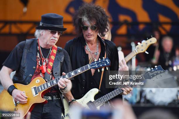 Brad Whitford and Joe Perry of Aerosmith perform onstage during Day 6 of the 2018 New Orleans Jazz & Heritage Festival at Fair Grounds Race Course on...