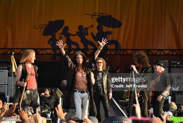 Tom Hamilton, Steven Tyler, Joe Perry and Brad Whitford of Aerosmith perform onstage during Day 6 of the 2018 New Orleans Jazz & Heritage Festival at...