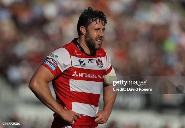 Jeremy Thrush of Gloucester looks on during the Aviva Premiership match between Saracens and Gloucester Rugby at Allianz Park on May 5, 2018 in...