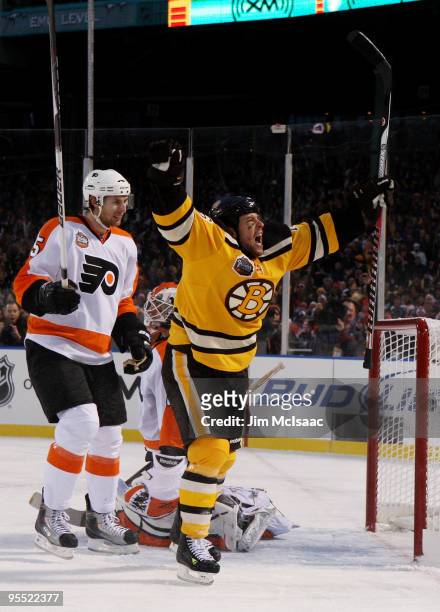 Marco Sturm of the Boston Bruins celebrates scoring a goal to defeat the Philadelphia Flyers 2-1 in overtime during the 2010 Bridgestone Winter...