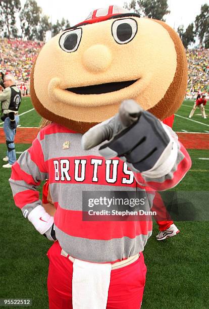 Brutus Buckeye mascot of the Ohio State Buckeyes stands on the field prior to the game against the Oregon Ducks at the 96th Rose Bowl game on January...