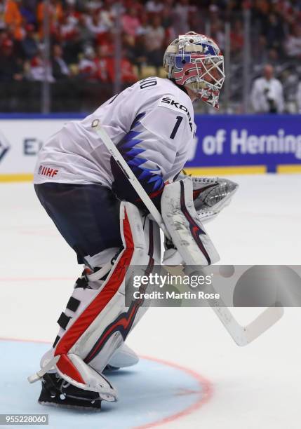 Keith Kinkaid, goaltender of United States tends net against Denmark during the 2018 IIHF Ice Hockey World Championship group stage game between...