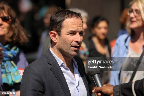 Former French Socialist minister Benoit Hamon , leader of the Generation.s movement, speaks with the press during a protest dubbed a &quot;Party for...