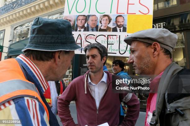 French leftist party &quot;La France Insoumise&quot; MP Francois Ruffin speaks with demonstrators during a protest dubbed a &quot;Party for...