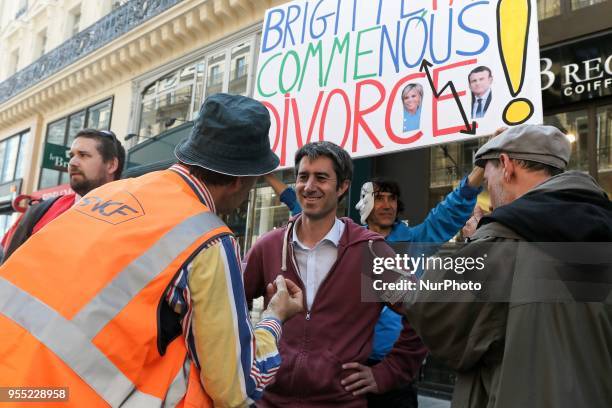 French leftist party &quot;La France Insoumise&quot; MP Francois Ruffin speaks with demonstrators during a protest dubbed a &quot;Party for...