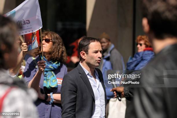 Former French Socialist minister Benoit Hamon , leader of the Generation.s movement, speaks with the press during a protest dubbed a &quot;Party for...