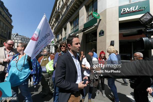 Former French Socialist minister Benoit Hamon , leader of the Generation.s movement, speaks with the press during a protest dubbed a &quot;Party for...