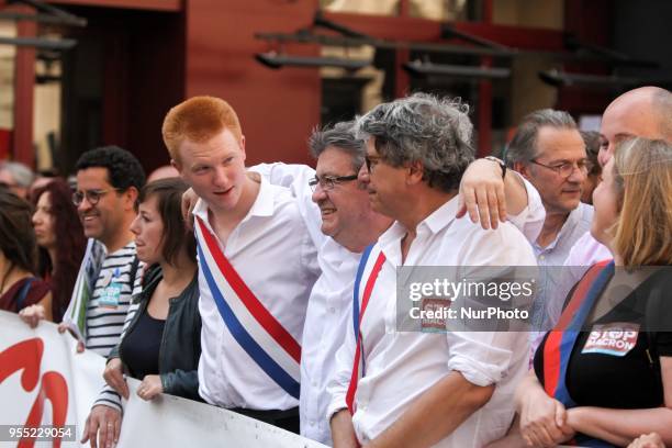 French member of Parliament and leader of the far left La France Insoumise party Jean-Luc Melenchon , flanked by LFI MPs Eric Coquerel and Adrien...