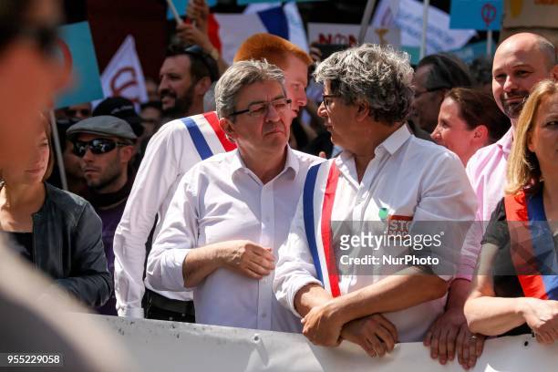 French member of Parliament and leader of the far left La France Insoumise party Jean-Luc Melenchon , flanked by LFI MPs Eric Coquerel and Adrien...
