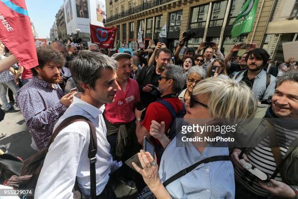 French leftist party &quot;La France Insoumise&quot; MP Francois Ruffin speaks with demonstrators during a protest dubbed a &quot;Party for...