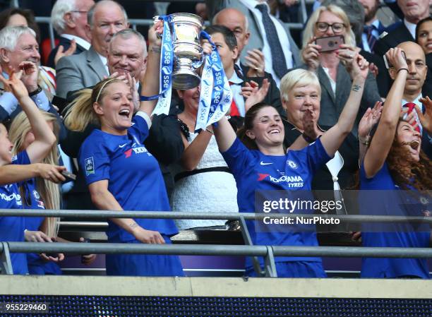 Chelsea Ladies Katie Chapman and Chelsea Ladies Maren Mjelde with Trophy during The SSE Women's FA Cup Final match between Arsenal against Chelsea...