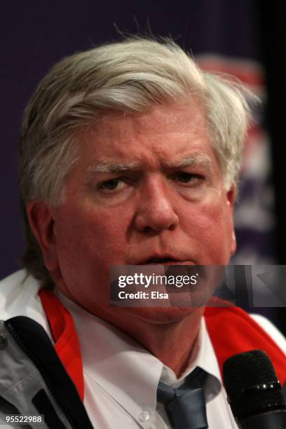 Brian Burke, General Manager of Team USA, is interviewed during a press conference after the Philadelphia Flyers were defeated 2-1 by the Boston...