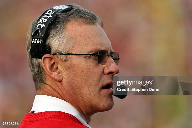 Head coach Jim Tressel of the Ohio State Buckeyes stands on the sidelines during the 96th Rose Bowl game against the Oregon Ducks on January 1, 2010...