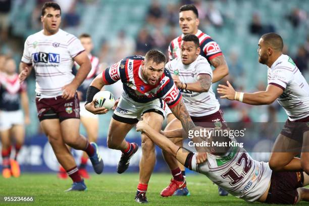 Jared Waerea-Hargreaves of the Roosters charges towards the line to score a try during the round nine NRL match between the Sydney Roosters and the...