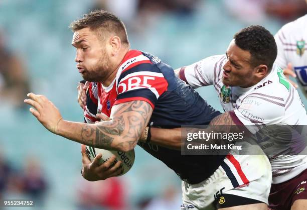 Jared Waerea-Hargreaves of the Roosters charges towards the line to score a try during the round nine NRL match between the Sydney Roosters and the...