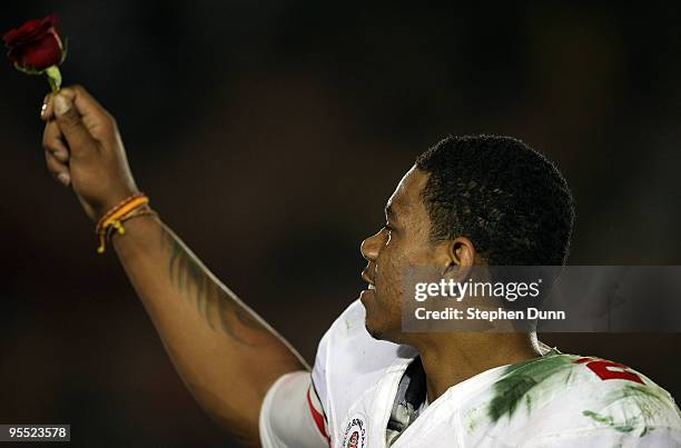 Quarterback Terrelle Pryor of the Ohio State Buckeyes celebrates after the buckeyes 26-17 win in the 96th Rose Bowl game over the Oregon Ducks on...