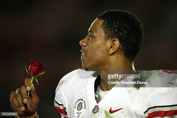Quarterback Terrelle Pryor of the Ohio State Buckeyes celebrates after the buckeyes 26-17 win in the 96th Rose Bowl game over the Oregon Ducks on...
