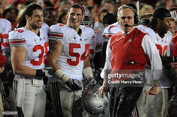 Head Coach Jim Tressel of the Ohio State Buckeyes reacts after players dumped gatorade on him in the final moments of the buckeyes 26-17 win over the...