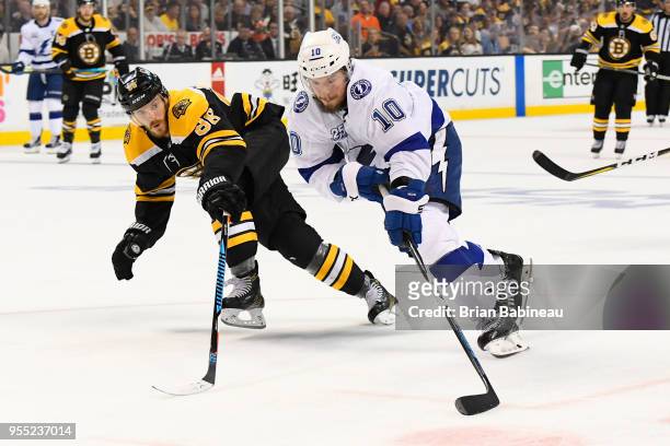 Miller of the Tampa Bay Lightning skates with the puck against Kevan Miller of the Boston Bruins in Game Four of the Eastern Conference Second Round...
