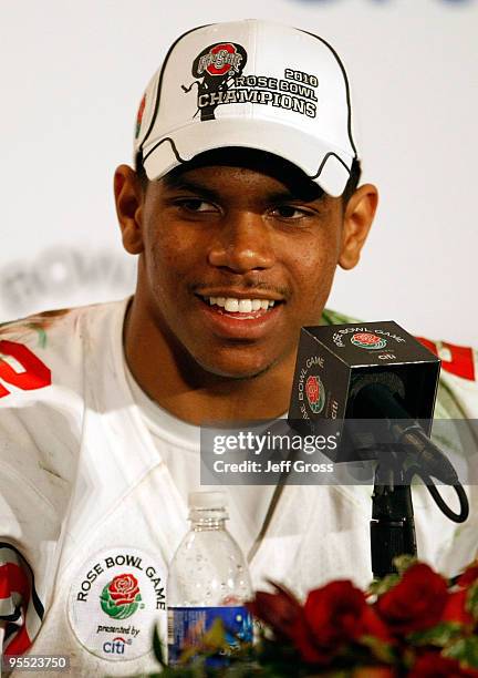 Quarterback Terrelle Pryor of the Ohio State Buckeyes speaks during the post-game news conference after the buckeyes 26-17 win in the 96th Rose Bowl...
