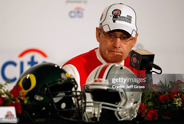 Head coach Jim Tressel of the Ohio State Buckeyes speaks during the post-game news conference after the buckeyes 26-17 win in the 96th Rose Bowl game...