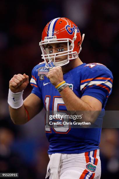 Tim Tebow of the Florida Gators celebrates after a play against the Cincinnati Bearcats during the Allstate Sugar Bowl at the Louisana Superdome on...