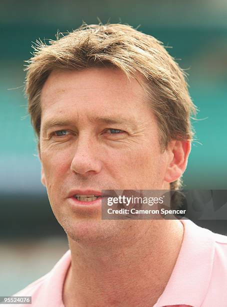 Former Australian fast-bowler Glenn McGrath discusses the McGrath Foundation and the upcoming Pink Test prior to an Australian nets session at the...