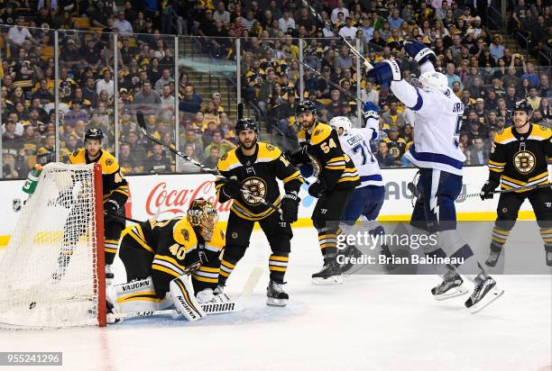 Dan Girardi of the Tampa Bay Lightning celebrates the overtime goal against the Boston Bruins in Game Four of the Eastern Conference Second Round...