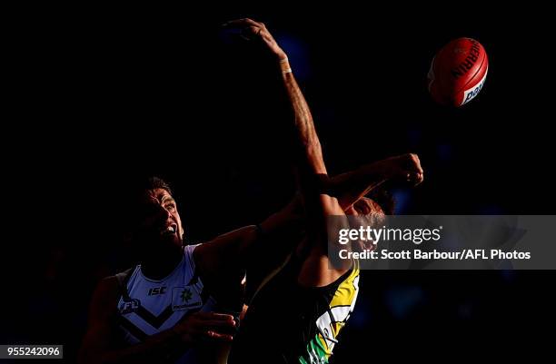 Aaron Sandilands of the Dockers and Toby Nankervis of the Tigers compete for the ball during the round seven AFL match between the Richmond Tigers...