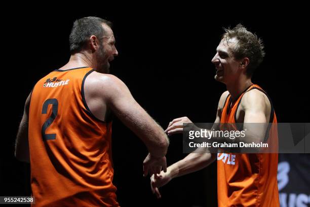 Anthony Drmic and Anthony Petrie of The Platypuses celebrate victory over Spectres iAthletic in the final during the NBL 3x3 Pro Hustle 2 event held...