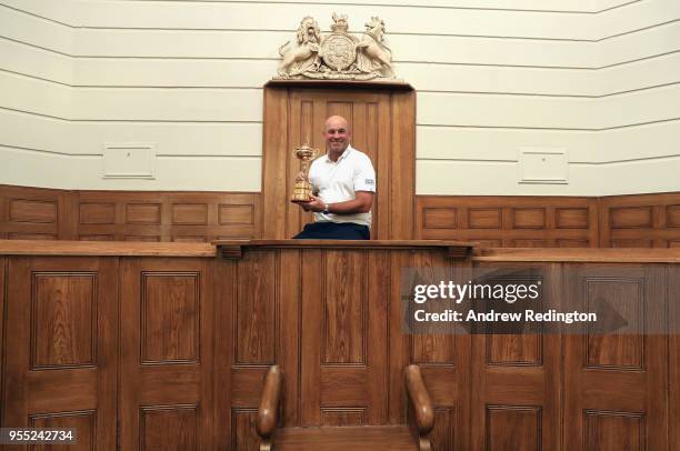 European Ryder Ciup Captain Thomas Bjorn sits in the Magistrate's chair in the renovated Town Hall in St Albans where Ryder Cup founder Samuel Ryder...