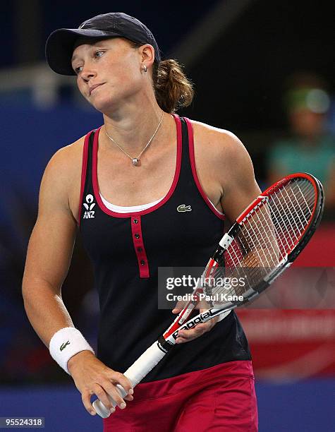 Samantha Stosur of Australia shows her frustration in her match against Sorena Cirstea of Romania in the Group A match between Australia and Romania...