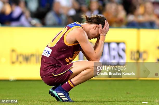 Eric Hipwood of the Lions is dejected after his team loses the round seven AFL match between the Brisbane Lions and the Collingwood Magpies at The...