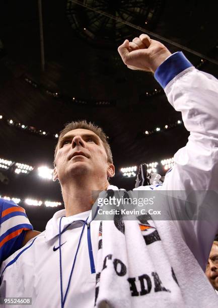 Head coach Urban Meyer of the Florida Gators celebrates after defeating the Cincinnati Bearcats 24-51 during the Allstate Sugar Bowl at the Louisana...