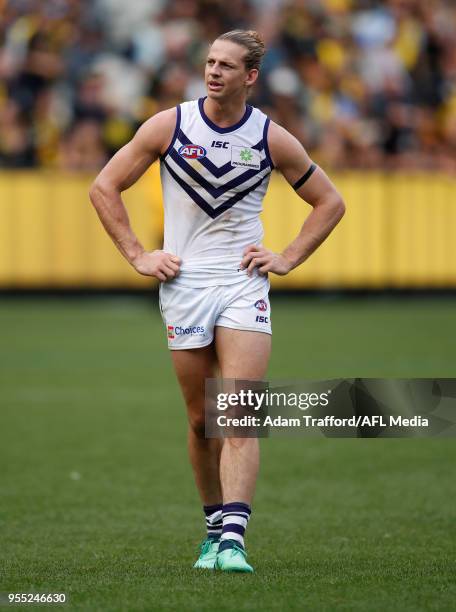 Nat Fyfe of the Dockers looks dejected after a loss during the 2018 AFL round seven match between the Richmond Tigers and the Fremantle Dockers at...