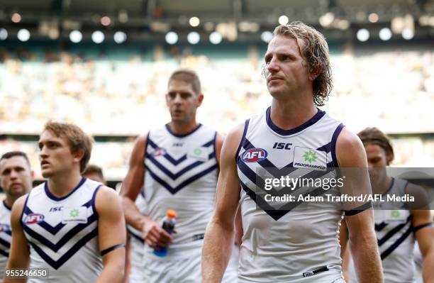 David Mundy of the Dockers looks dejected after a loss during the 2018 AFL round seven match between the Richmond Tigers and the Fremantle Dockers at...