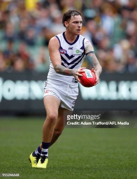 Nathan Wilson of the Dockers kicks the ball during the 2018 AFL round seven match between the Richmond Tigers and the Fremantle Dockers at the...