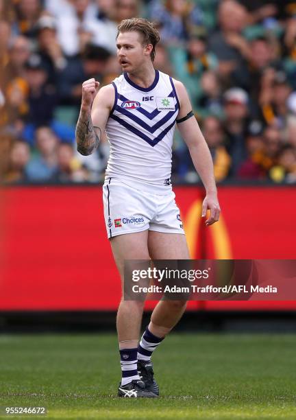 Cam McCarthy of the Dockers celebrates a goal during the 2018 AFL round seven match between the Richmond Tigers and the Fremantle Dockers at the...