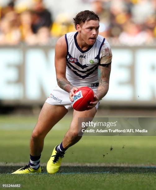Nathan Wilson of the Dockers in action during the 2018 AFL round seven match between the Richmond Tigers and the Fremantle Dockers at the Melbourne...