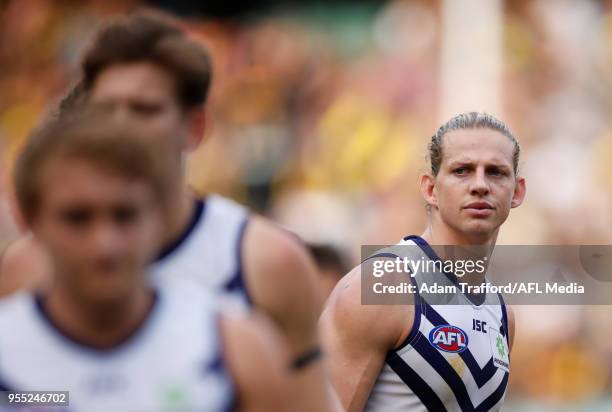 Nat Fyfe of the Dockers looks dejected after a loss during the 2018 AFL round seven match between the Richmond Tigers and the Fremantle Dockers at...