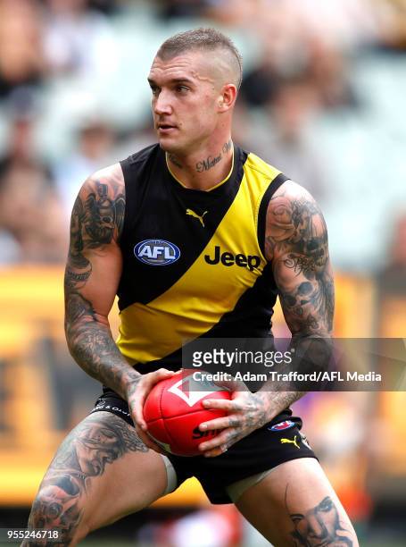 Dustin Martin of the Tigers in action during the 2018 AFL round seven match between the Richmond Tigers and the Fremantle Dockers at the Melbourne...