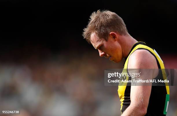 Acting Captain Jack Riewoldt of the Tigers looks on during the 2018 AFL round seven match between the Richmond Tigers and the Fremantle Dockers at...