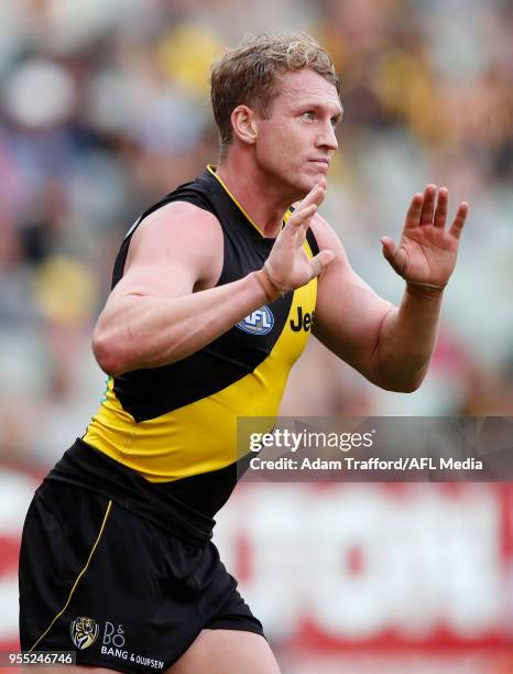 Josh Caddy of the Tigers celebrates a goal during the 2018 AFL round seven match between the Richmond Tigers and the Fremantle Dockers at the...