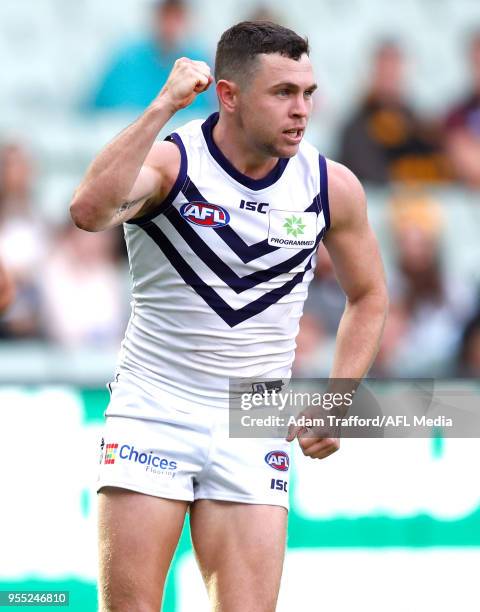 Hayden Ballantyne of the Dockers celebrates a goal during the 2018 AFL round seven match between the Richmond Tigers and the Fremantle Dockers at the...